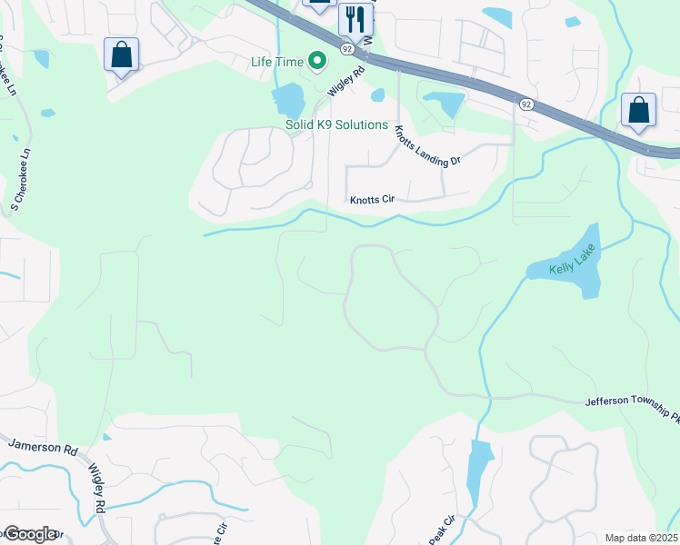 map of restaurants, bars, coffee shops, grocery stores, and more near 3521 Jefferson Township Parkway in Marietta