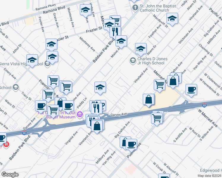 map of restaurants, bars, coffee shops, grocery stores, and more near 14027 Rockway Drive in Baldwin Park