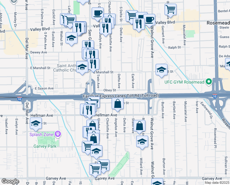 map of restaurants, bars, coffee shops, grocery stores, and more near 878 Olney Street in San Gabriel