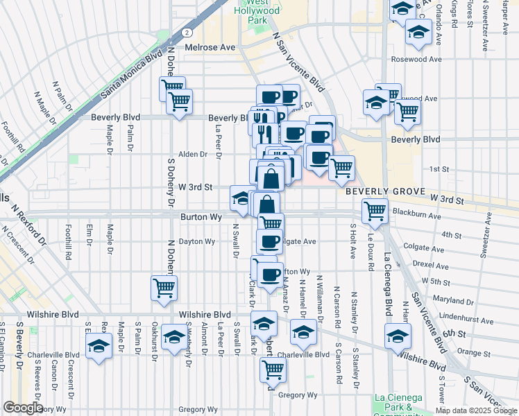 map of restaurants, bars, coffee shops, grocery stores, and more near in Beverly Hills