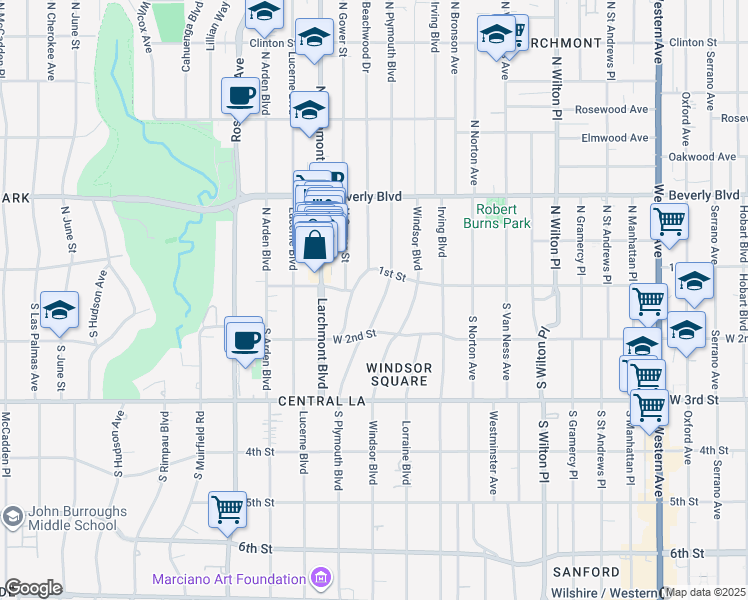 map of restaurants, bars, coffee shops, grocery stores, and more near 139 South Plymouth Boulevard in Los Angeles