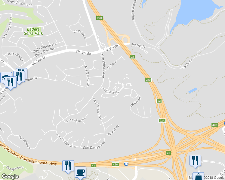 map of restaurants, bars, coffee shops, grocery stores, and more near 2089 Paseo Azul in San Dimas