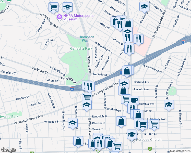 map of restaurants, bars, coffee shops, grocery stores, and more near 490 Preciado Street in Pomona