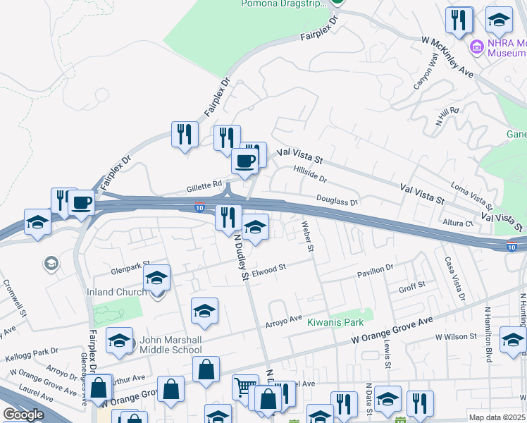 map of restaurants, bars, coffee shops, grocery stores, and more near 1569 Stratus Drive in Pomona