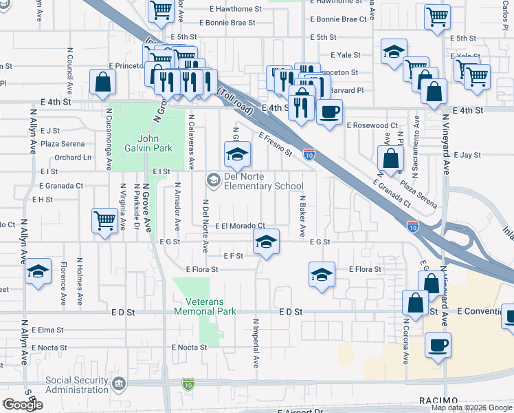 map of restaurants, bars, coffee shops, grocery stores, and more near 757 North Imperial Avenue in Ontario