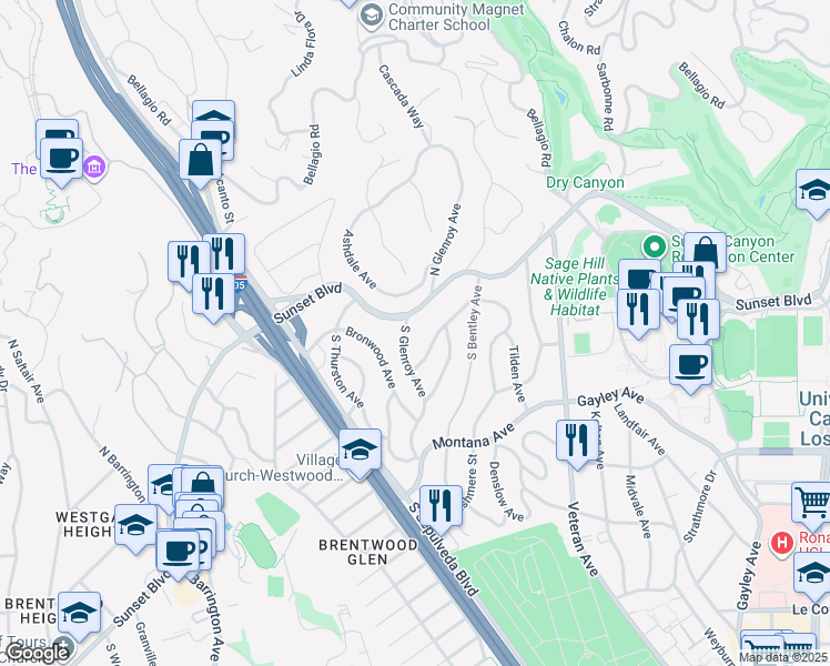 map of restaurants, bars, coffee shops, grocery stores, and more near 114 South Glenroy Avenue in Los Angeles