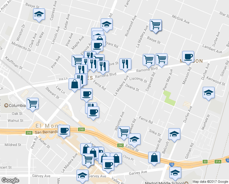 map of restaurants, bars, coffee shops, grocery stores, and more near 3711 La Madera Avenue in El Monte