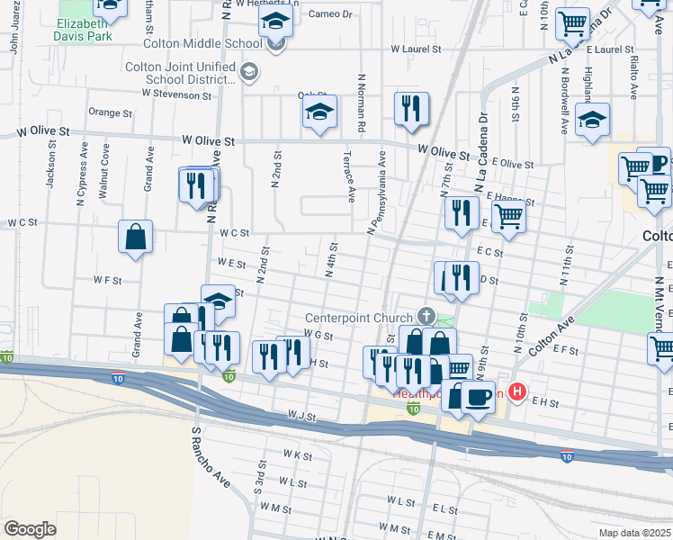 map of restaurants, bars, coffee shops, grocery stores, and more near 640 North 4th Street in Colton