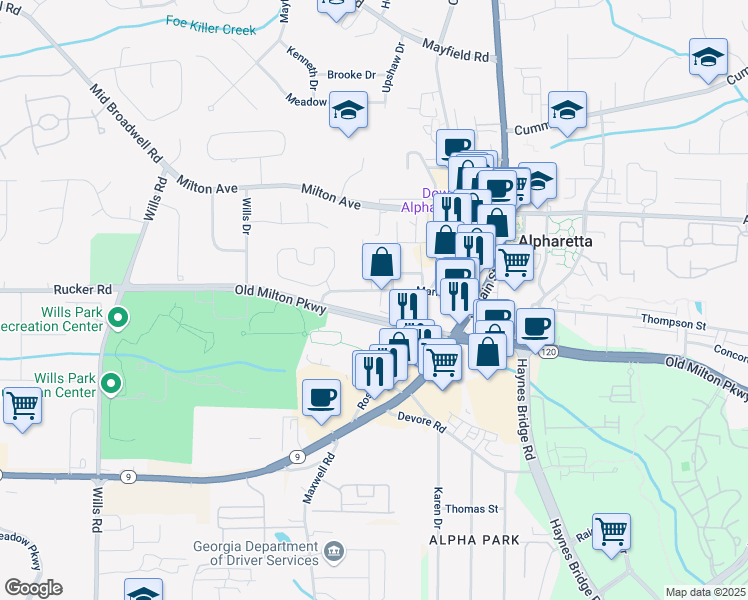 map of restaurants, bars, coffee shops, grocery stores, and more near 172 Marietta Street in Alpharetta