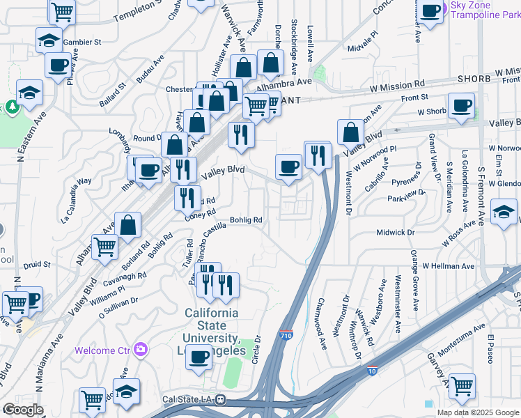 map of restaurants, bars, coffee shops, grocery stores, and more near 2317 Mariondale Avenue in Los Angeles