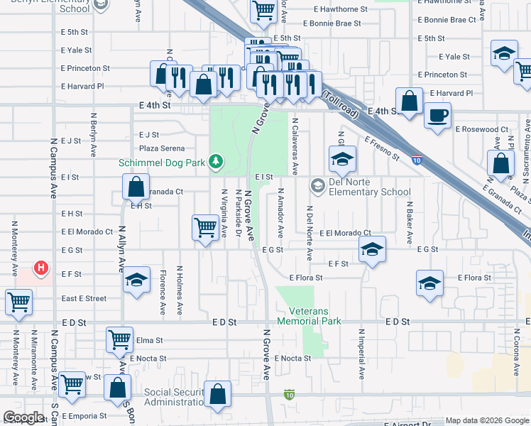 map of restaurants, bars, coffee shops, grocery stores, and more near 767 North Alameda Avenue in Ontario