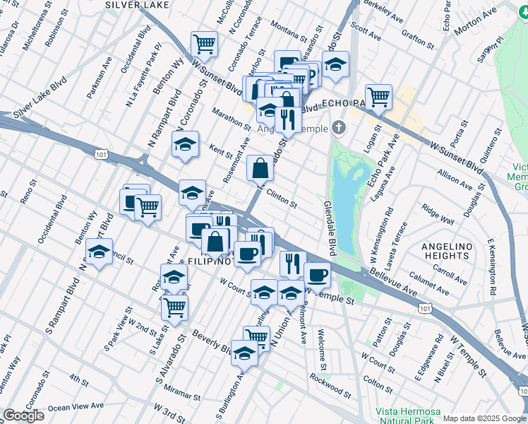 map of restaurants, bars, coffee shops, grocery stores, and more near 2027 Bellevue Ave in Los Angeles