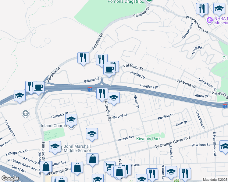 map of restaurants, bars, coffee shops, grocery stores, and more near 1585 Stratus Drive in Pomona