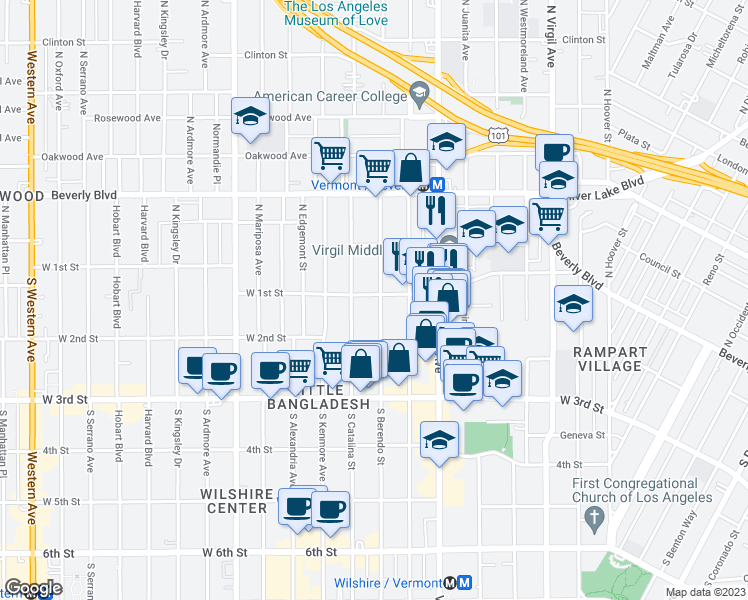 map of restaurants, bars, coffee shops, grocery stores, and more near 3736-3748 West 1st Street in Los Angeles