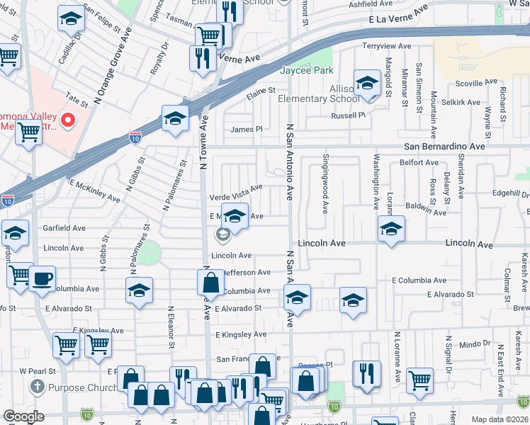 map of restaurants, bars, coffee shops, grocery stores, and more near 741 East McKinley Avenue in Pomona