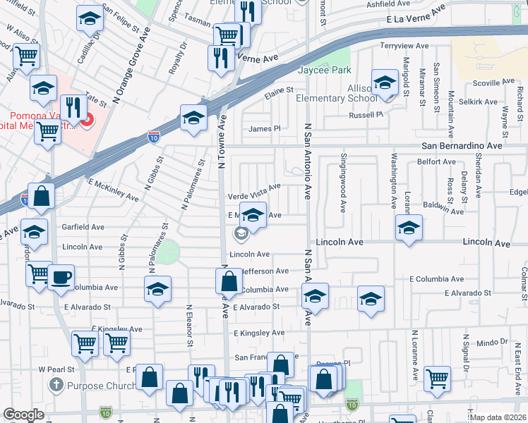 map of restaurants, bars, coffee shops, grocery stores, and more near 1325 North Caswell Avenue in Pomona