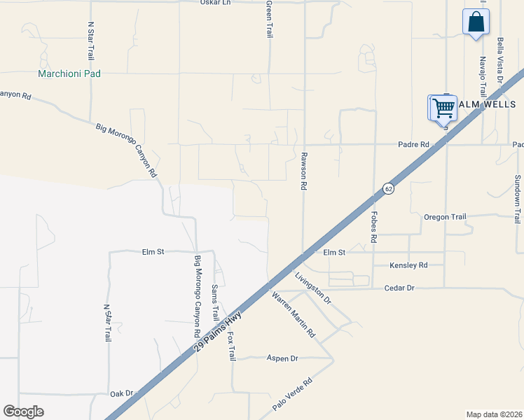 map of restaurants, bars, coffee shops, grocery stores, and more near 50990 Oregon Trail in Morongo Valley