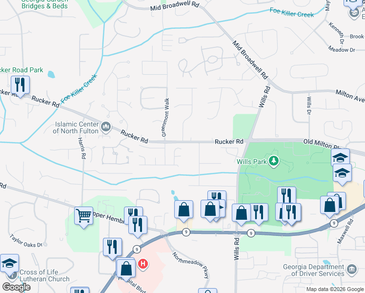 map of restaurants, bars, coffee shops, grocery stores, and more near 590 Daintree Drive in Alpharetta