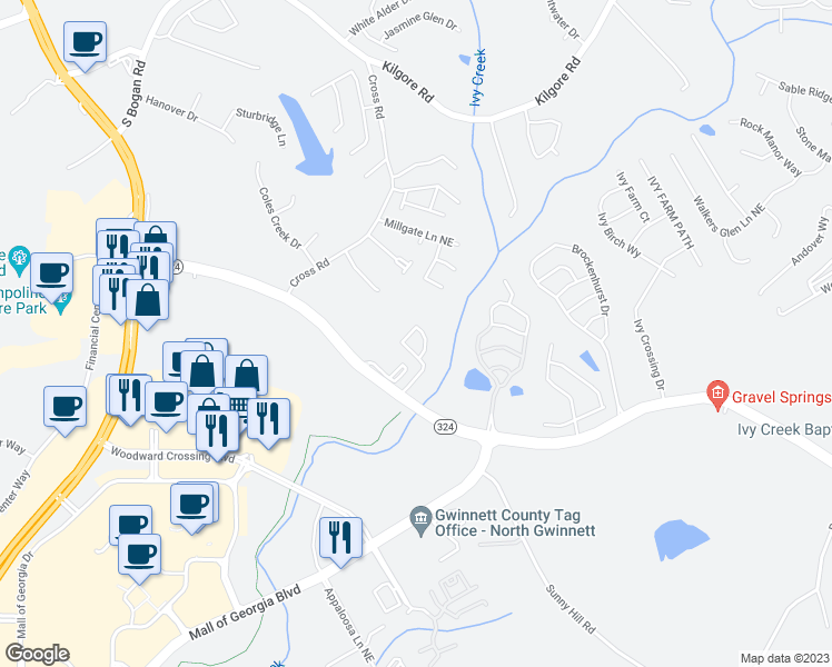map of restaurants, bars, coffee shops, grocery stores, and more near 3225 Mill Springs Circle Northeast in Buford