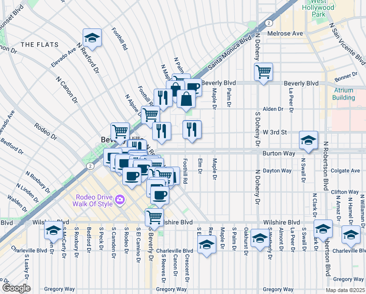 map of restaurants, bars, coffee shops, grocery stores, and more near 9301 Burton Way in Beverly Hills