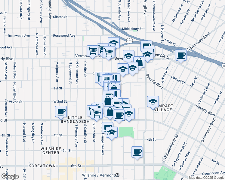 map of restaurants, bars, coffee shops, grocery stores, and more near 108 North Vermont Avenue in Los Angeles