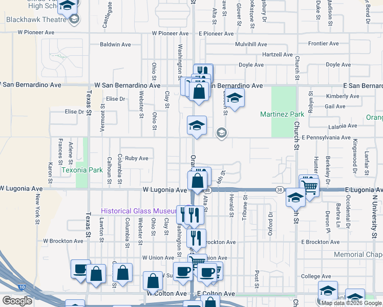 map of restaurants, bars, coffee shops, grocery stores, and more near 1415 Orange Street in Redlands
