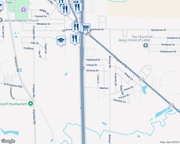 map of restaurants, bars, coffee shops, grocery stores, and more near 980 Victoria Drive in Burkburnett
