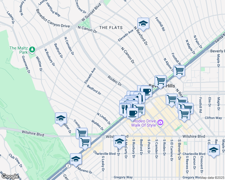 map of restaurants, bars, coffee shops, grocery stores, and more near 560 North Camden Drive in Beverly Hills