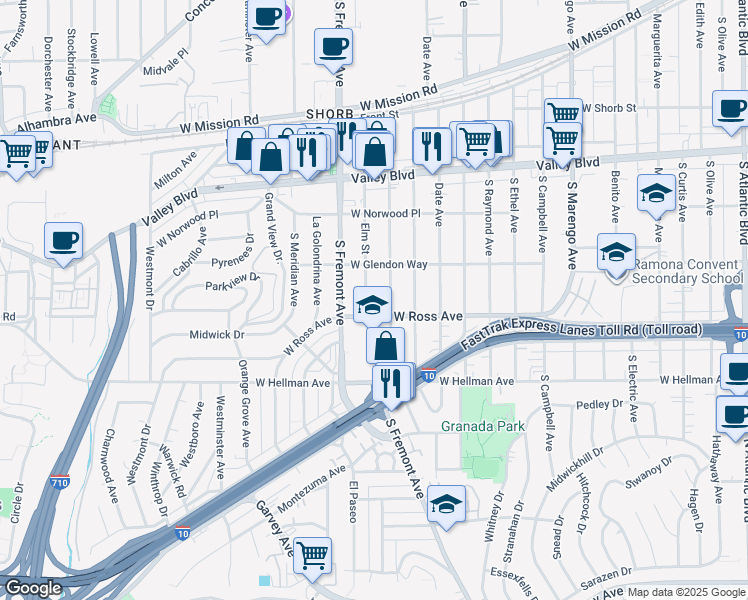 map of restaurants, bars, coffee shops, grocery stores, and more near 1808 Elm Street in Alhambra