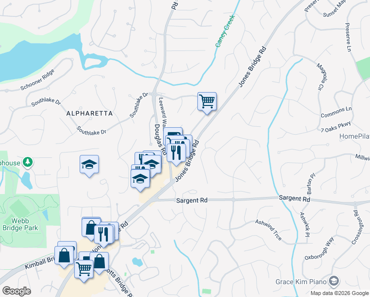 map of restaurants, bars, coffee shops, grocery stores, and more near 11910 Leeward Walk Circle in Alpharetta