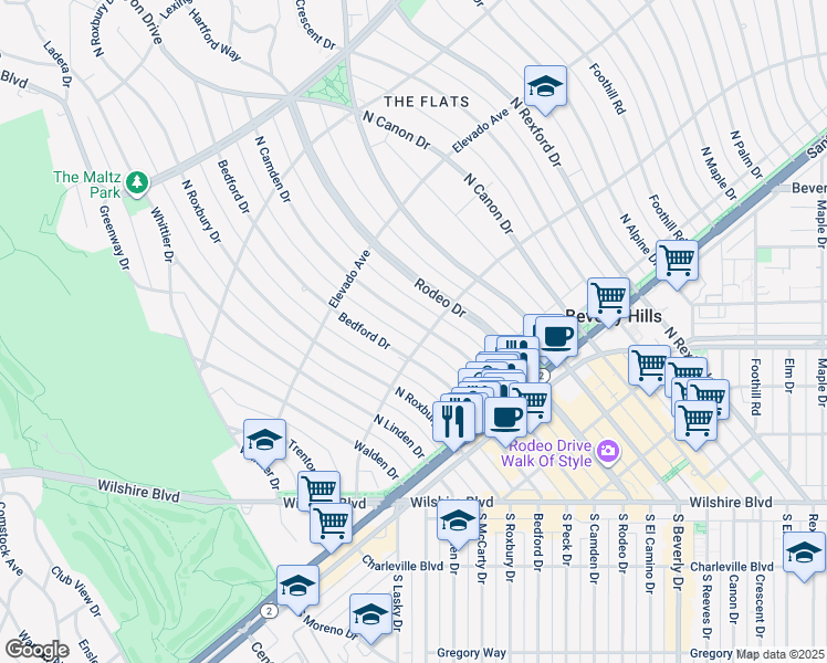 map of restaurants, bars, coffee shops, grocery stores, and more near 603 North Camden Drive in Beverly Hills
