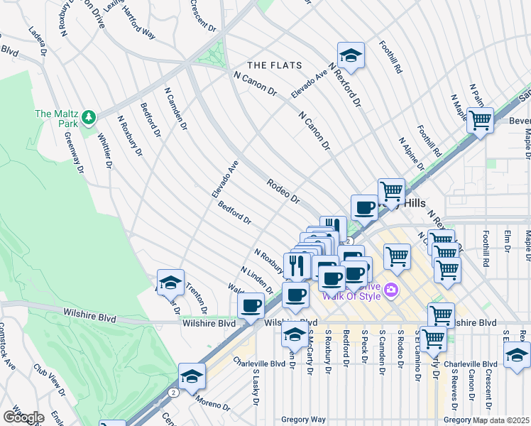 map of restaurants, bars, coffee shops, grocery stores, and more near 603 North Camden Drive in Beverly Hills