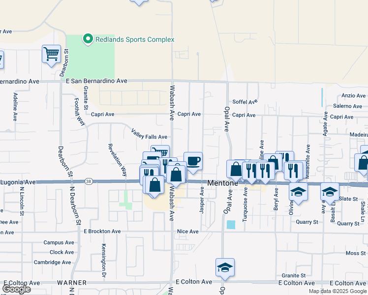 map of restaurants, bars, coffee shops, grocery stores, and more near 1337 Chrysolite Avenue in Mentone
