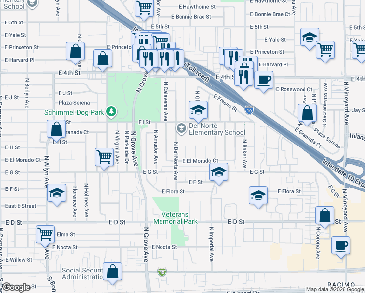 map of restaurants, bars, coffee shops, grocery stores, and more near 759 North El Dorado Avenue in Ontario