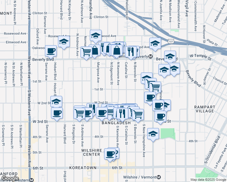 map of restaurants, bars, coffee shops, grocery stores, and more near 100 South Edgemont Street in Los Angeles