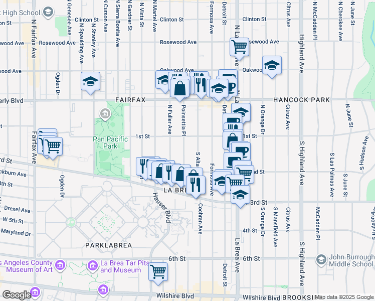 map of restaurants, bars, coffee shops, grocery stores, and more near 130 South Poinsettia Place in Los Angeles