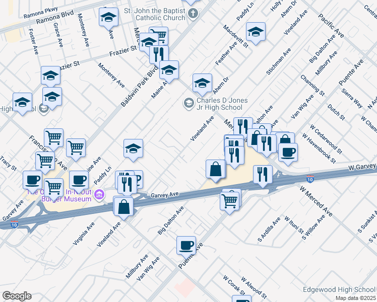 map of restaurants, bars, coffee shops, grocery stores, and more near 3234 Vineland Ave in Baldwin Park