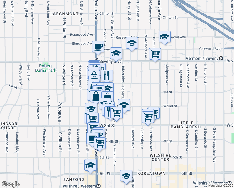 map of restaurants, bars, coffee shops, grocery stores, and more near 138 South Serrano Avenue in Los Angeles