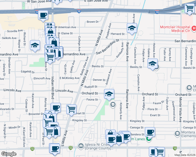 map of restaurants, bars, coffee shops, grocery stores, and more near 4278 Denver Street in Montclair