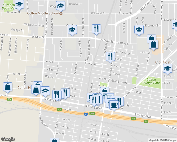 map of restaurants, bars, coffee shops, grocery stores, and more near 316 West D Street in Colton