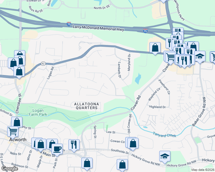 map of restaurants, bars, coffee shops, grocery stores, and more near 3749 Spring Leaf Court in Acworth