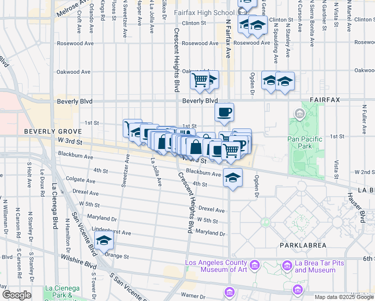 map of restaurants, bars, coffee shops, grocery stores, and more near 161s Laurel Avenue in Los Angeles