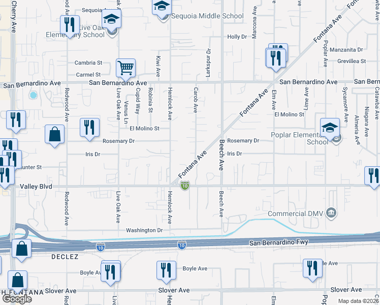 map of restaurants, bars, coffee shops, grocery stores, and more near 9960 Carob Avenue in Fontana
