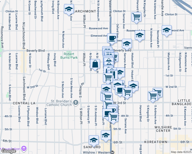 map of restaurants, bars, coffee shops, grocery stores, and more near 112 South Saint Andrews Place in Los Angeles