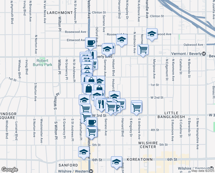 map of restaurants, bars, coffee shops, grocery stores, and more near 138 South Serrano Avenue in Los Angeles