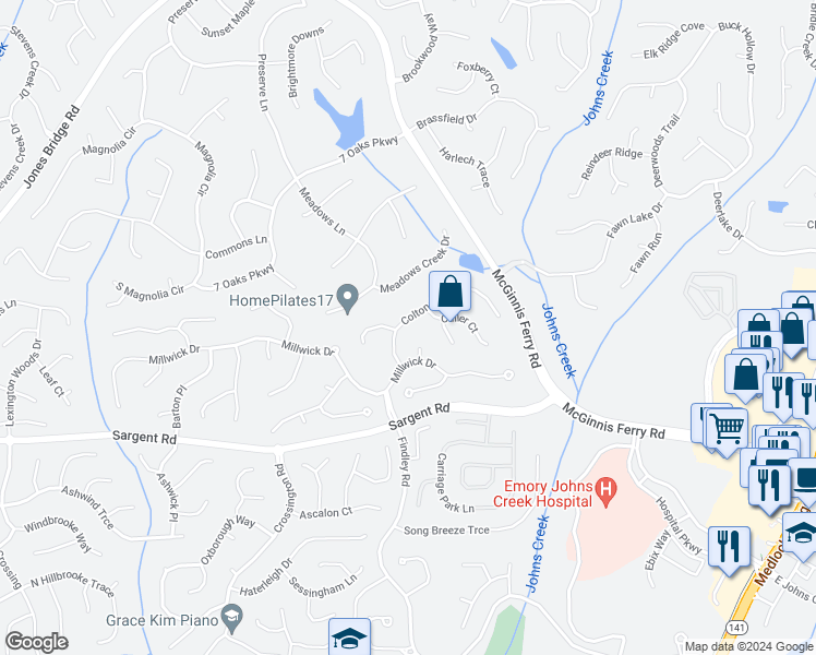 map of restaurants, bars, coffee shops, grocery stores, and more near 135 Colton Crest Drive in Alpharetta