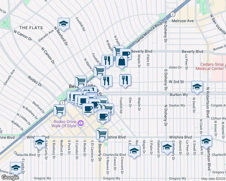 map of restaurants, bars, coffee shops, grocery stores, and more near 9311 Burton Way in Beverly Hills