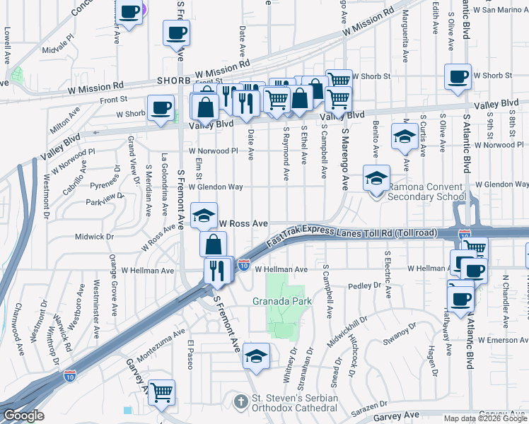 map of restaurants, bars, coffee shops, grocery stores, and more near 1809 South Palm Avenue in Alhambra