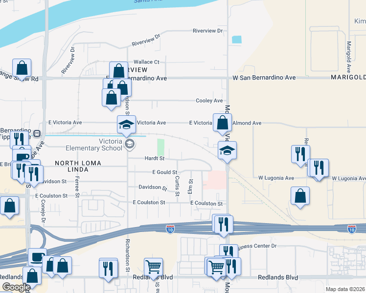 map of restaurants, bars, coffee shops, grocery stores, and more near 1505 Curtis St in Loma Linda
