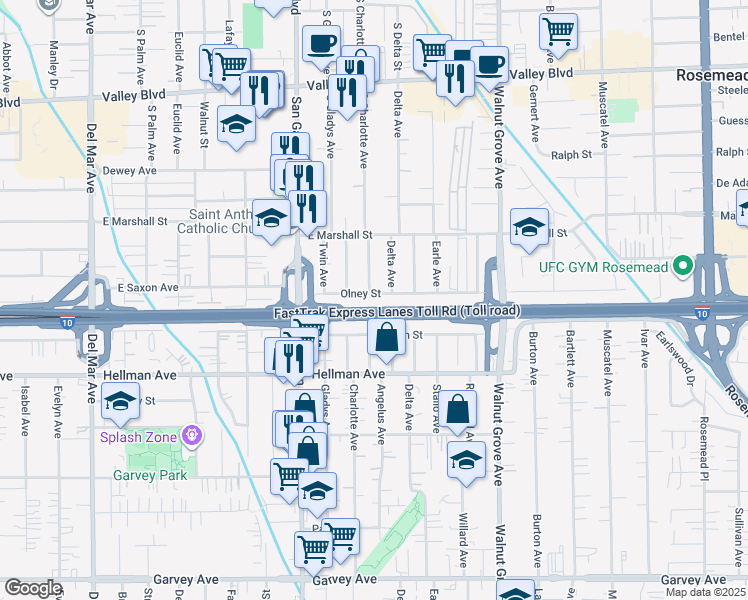 map of restaurants, bars, coffee shops, grocery stores, and more near 878 Olney Street in San Gabriel